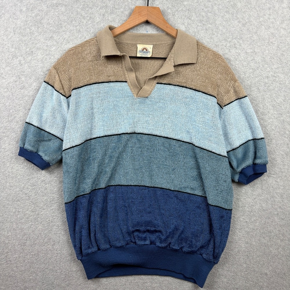 Vintage 70s Chenille Polo Shirt Mens Large Striped Johnny Collar California